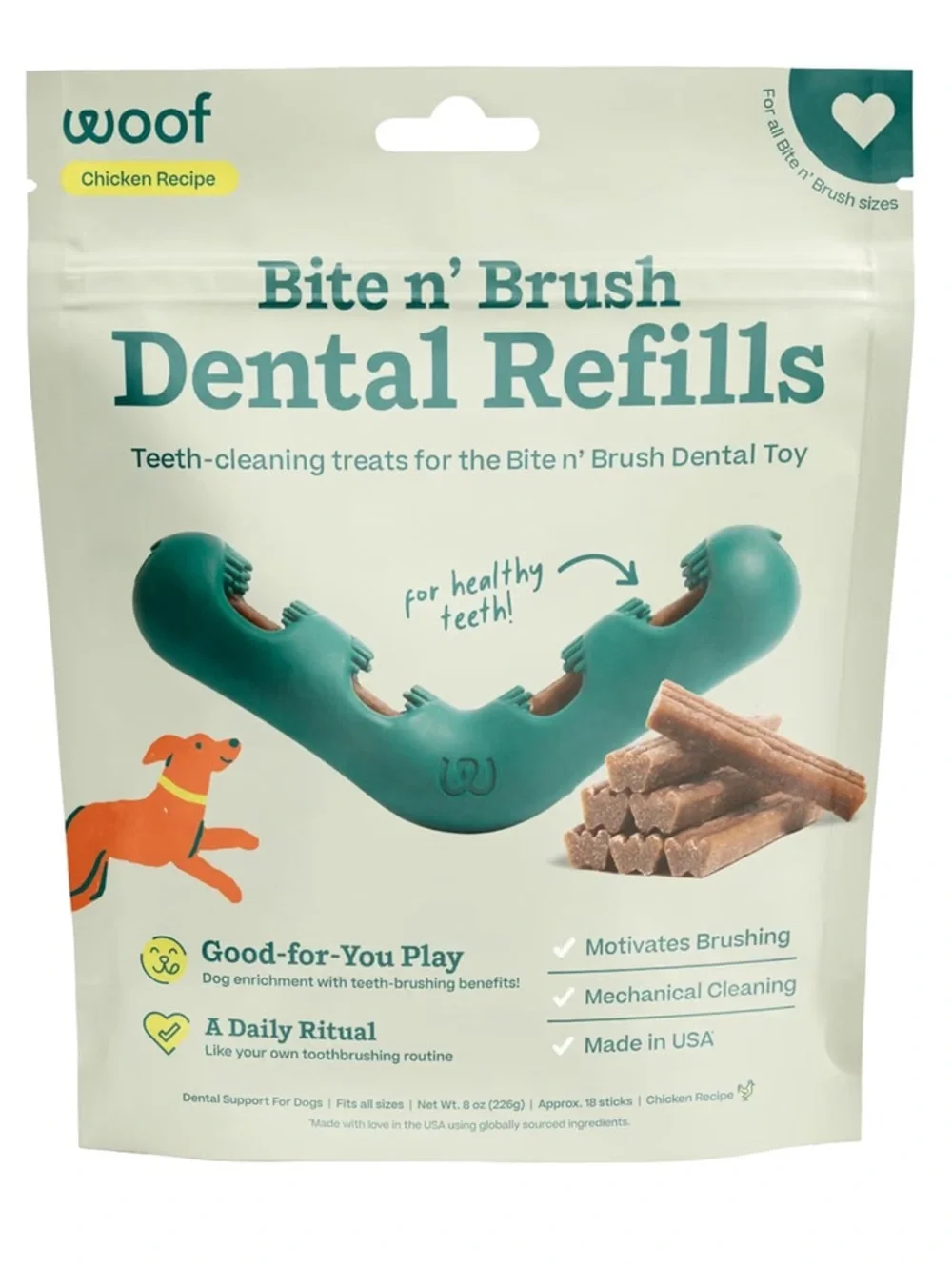 Woof Bite n' Brush Dental Toy & Refill treats Dark Green